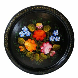 Vintage Soviet Russia Hand Painted Floral Tole Ware 13" Tray Folk Art Signed